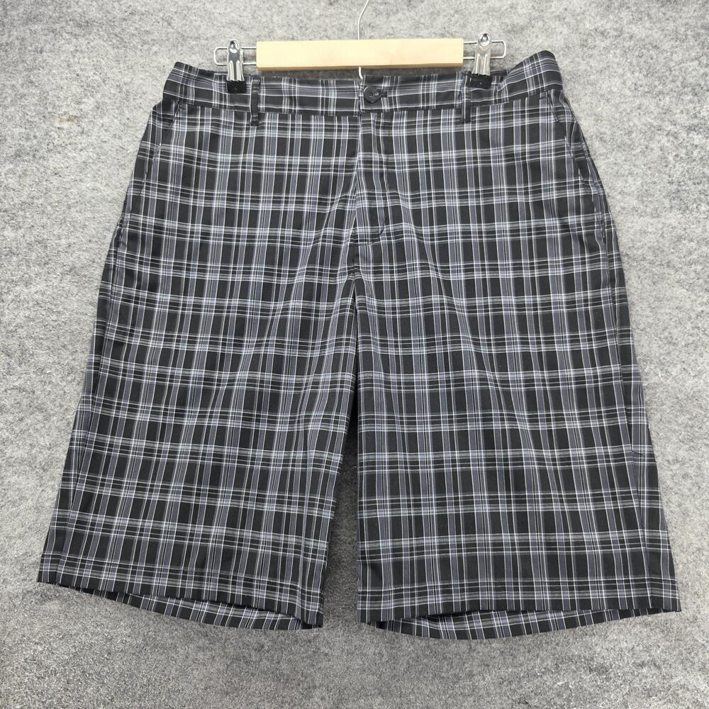 Adidas Shorts Mens 34 Gray Plaid Bermuda Polyester Stretch Flat Front 11 Inseam